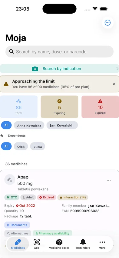 Ekran główny z listą leków, filtrami i statystykami