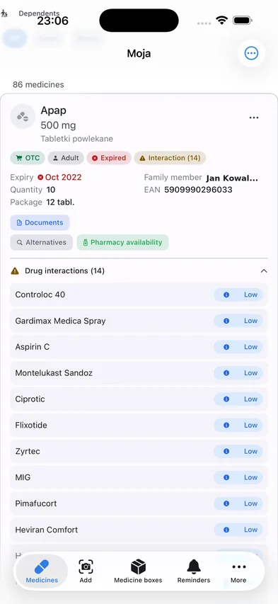 Karta leku z listą wykrytych interakcji