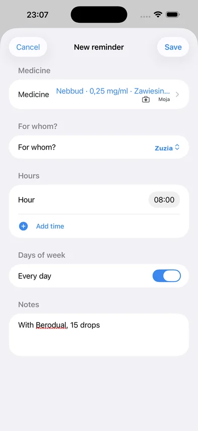 Formularz nowego przypomnienia o leku